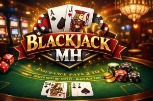 mesa de jogo blackjack MH com cartas e fichas no cassino online